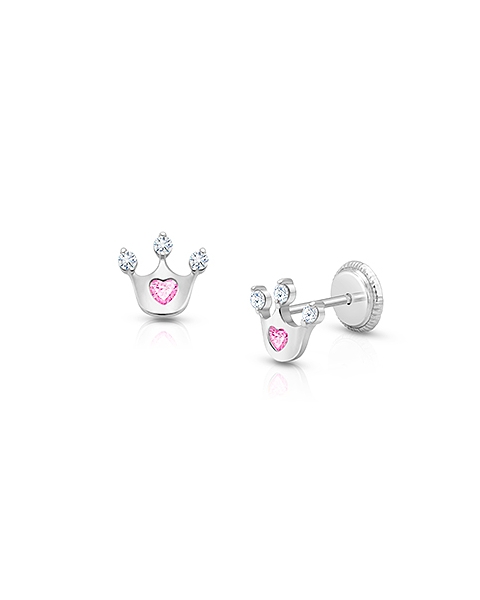 Princess at Heart, Pink/Clear CZ First Holy Communion Children&#039;s Earrings, Screw Back - 14K White Gold