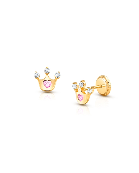 Princess at Heart, Pink/Clear CZ First Holy Communion Children&#039;s Earrings, Screw Back - 14K Gold