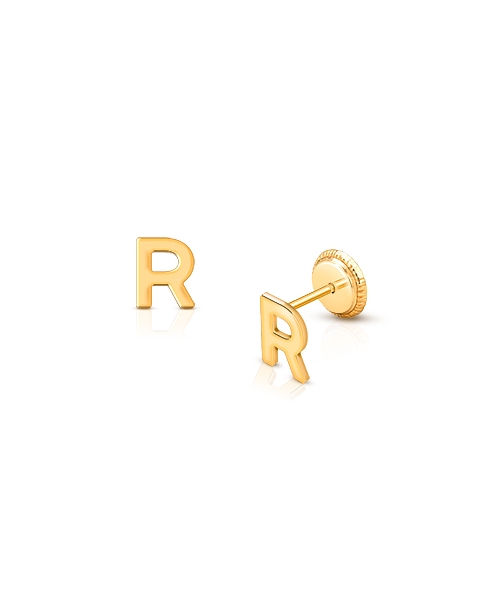 ‘R’ Initial Studs Personalized Baby/Children’s Earrings, Screw Back - 14K Gold
