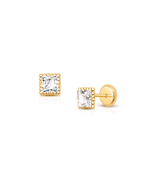 Royal Princess Cut, Clear CZ Teen’s Earrings, Screw Back - 14K Gold
