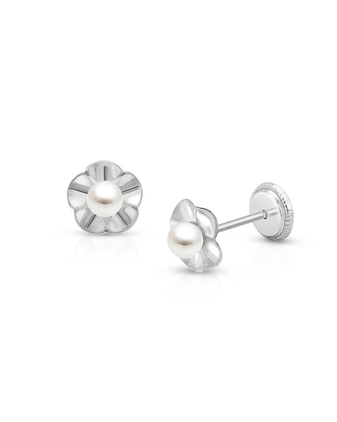 Ruffled Petals with Pearl, Christening/Baptism Baby/Children&#039;s Earrings, Screw Back - 14K White Gold