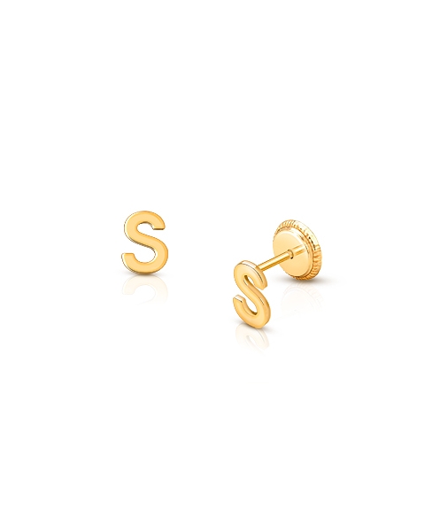 ‘S’ Initial Studs Personalized Baby/Children’s Earrings, Screw Back - 14K Gold