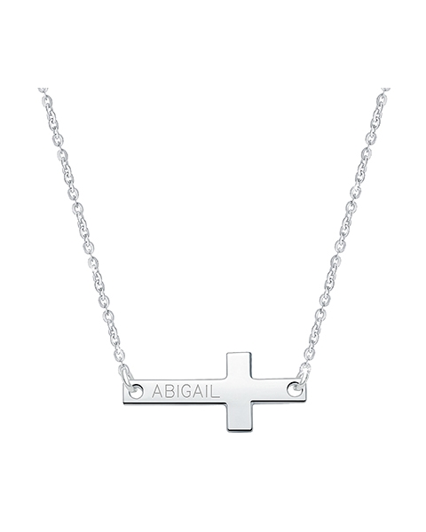Small Sideways Cross Bar, Engraved Children&#039;s Necklace for Girls (FREE Personalization) - Sterling Silver