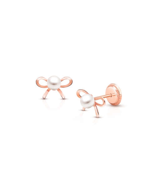 Bows & Pearls, Teen's Earrings, Screw Back - 14K Rose Gold