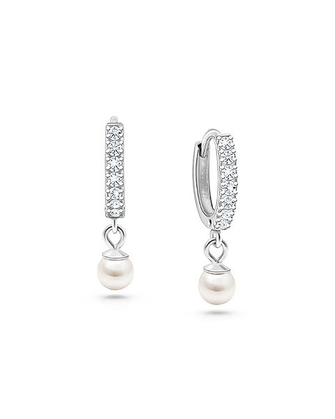 Timeless Pavé CZ 11mm Huggie Hoops with Pearl Dangle, Christening/Baptism Baby/Children&#039;s Earrings - Sterling Silver