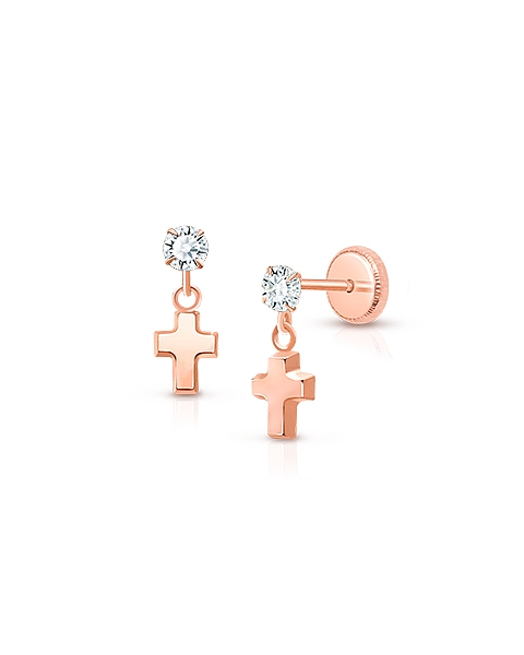 Simple Cross Dangle, Clear CZ Baby/Children&#039;s Earrings, Screw Back - 14K Rose Gold
