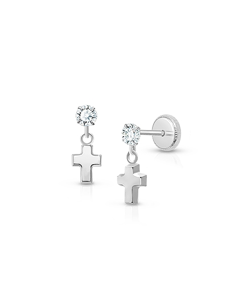 Simple Cross Dangle, Clear CZ Baby/Children&#039;s Earrings, Screw Back - 14K White Gold