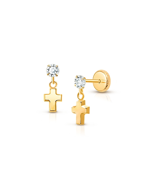 Simple Cross Dangle, Clear CZ Teen's Earrings, Screw Back - 14K Gold