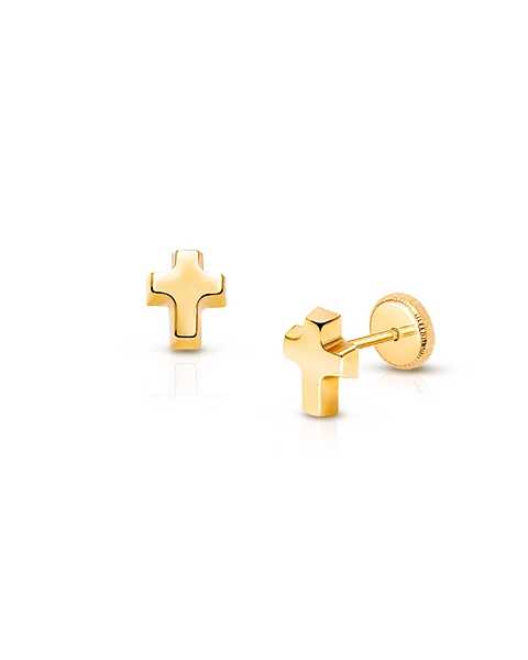 Simple Cross Earring, Teen&#039;s Earrings, Screw Back - 14K Gold