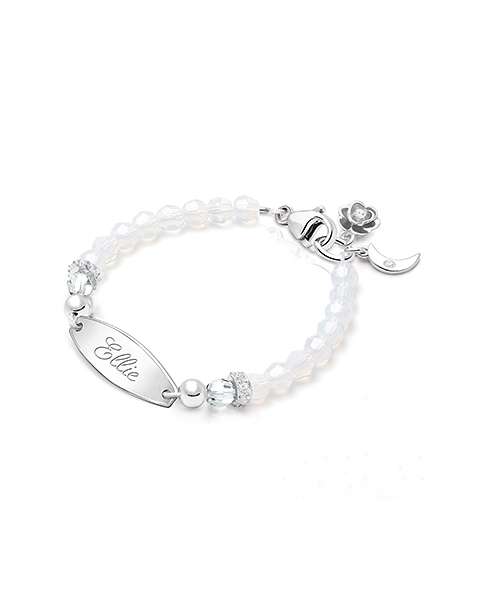tB® Signature Crystal™ White Opal Baby/Children’s Engraved Bracelet for Girls - Sterling Silver