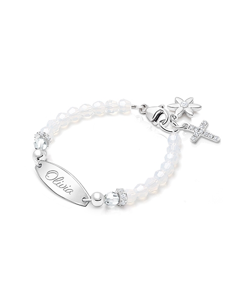 Tiny Blessings Signature Crystal White Opal Name Plaque Bracelet for Girls Christening/Baptism