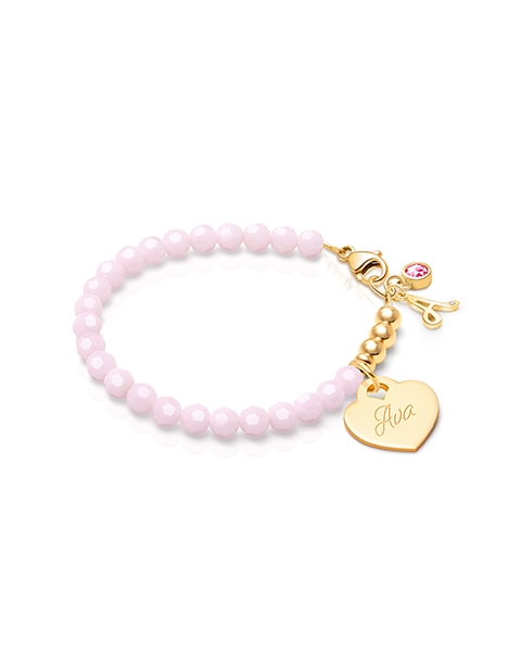 tB® Signature Crystal™ Sweet Pink, Baby/Children’s Beaded Bracelet for Girls (INCLUDES Engraved Charm) - 14K Gold