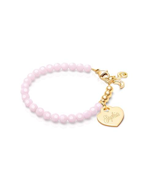 Tiny Blessings Signature Crystal Sweet Pink Engraved Heart Bracelet for Teen Girls made from Solid 14K Gold