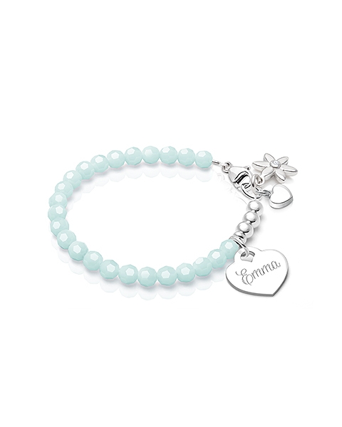 Tiny Blessings Signature Crystal Trademark Blue Engraved Heart Name Bracelet for Teen Girls made from Solid Sterling Silver