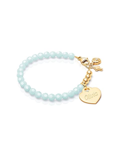 Tiny Blessings Signature Crystal Trademark Blue Engraved Heart Bracelet for Teen Girls made from Solid 14K Gold
