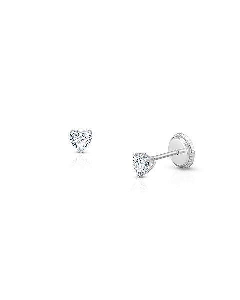Teeny Tiny Heart Studs, 3mm Clear CZ Christening/Baptism Baby/Children&#039;s Earrings, Screw Back - 14K White Gold