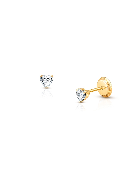 Teeny Tiny Heart Studs, 3mm Clear CZ Christening/Baptism Baby/Children&#039;s Earrings, Screw Back - 14K Gold