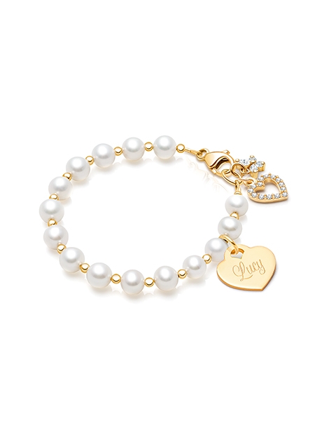Timeless Pearls, Baby/Children’s Beaded Bracelet for Girls (INCLUDES Engraved Charm) - 14K Gold