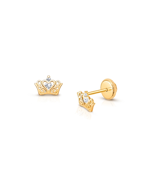 Tiny Tiara, Clear CZ Crown Baby/Children&#039;s Earrings, Screw Back - 14K Gold