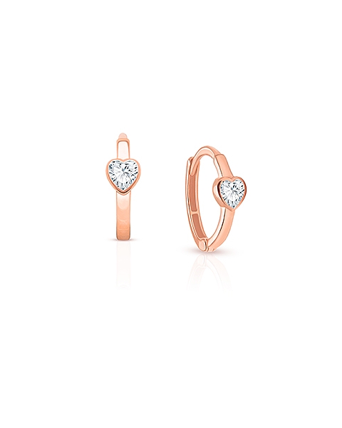 True Love, Clear CZ Heart Baby/Children&#039;s Huggie Hoop Earrings - 14K Rose Gold