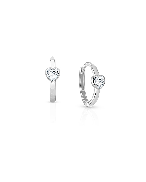 True Love, Clear CZ Heart Baby/Children&#039;s Huggie Hoop Earrings - 14K White Gold