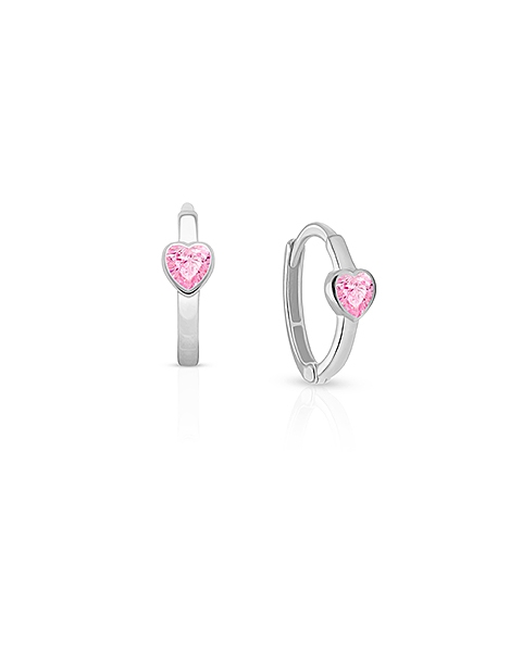 True Love, Pink CZ Heart Baby/Children&#039;s Huggie Hoop Earrings - 14K White Gold