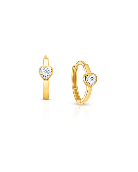 True Love, Clear CZ Heart Baby/Children&#039;s Huggie Hoop Earrings - 14K Gold