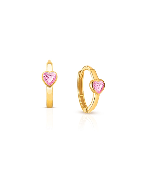 True Love, Pink CZ Heart Baby/Children&#039;s Huggie Hoop Earrings - 14K Gold