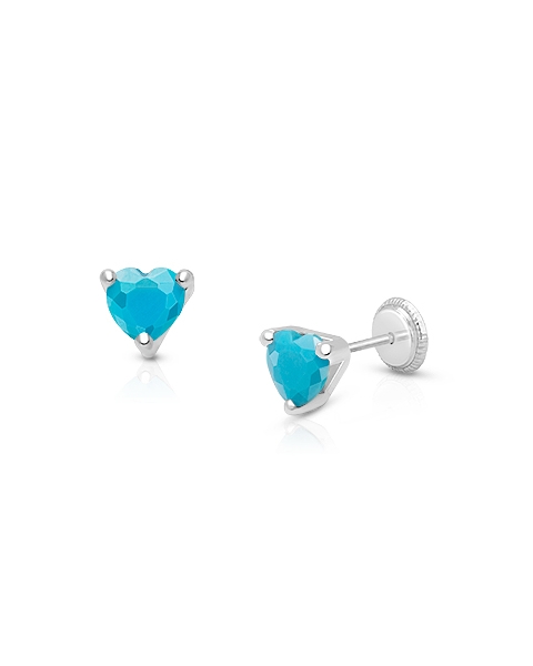Simple Heart Studs, 5mm Turquoise CZ Baby/Children&#039;s Earrings, Screw Back - 14K White Gold