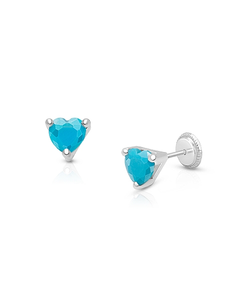Simple Heart Studs, 5mm Turquoise CZ Teen&#039;s Earrings, Screw Back - 14K White Gold