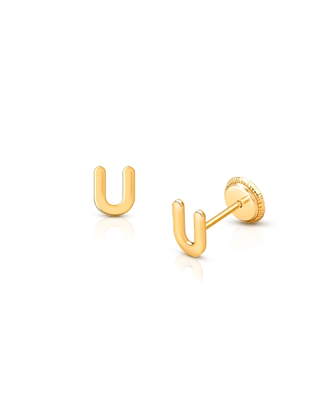 ‘U’ Initial Studs Personalized Baby/Children’s Earrings, Screw Back - 14K Gold
