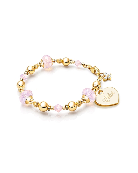 Gia™ Sweet Rose, Pink Opal Baby/Children&#039;s Beaded Bracelet for Girls (INCLUDES Engraved Charm) - 14K Gold