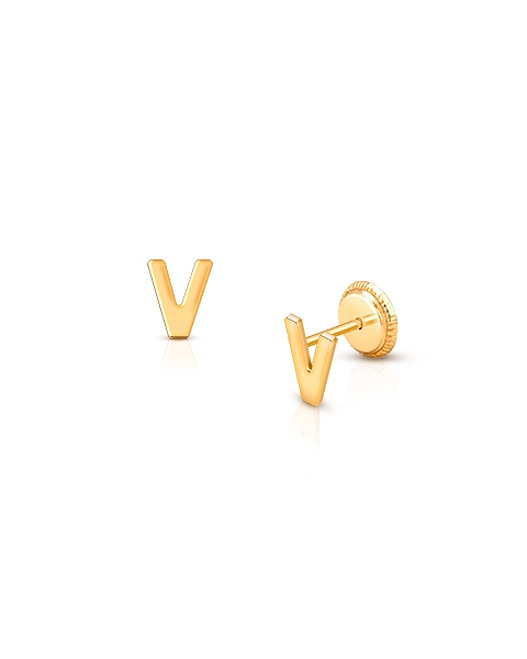‘V’ Initial Studs Personalized Baby/Children’s Earrings, Screw Back - 14K Gold