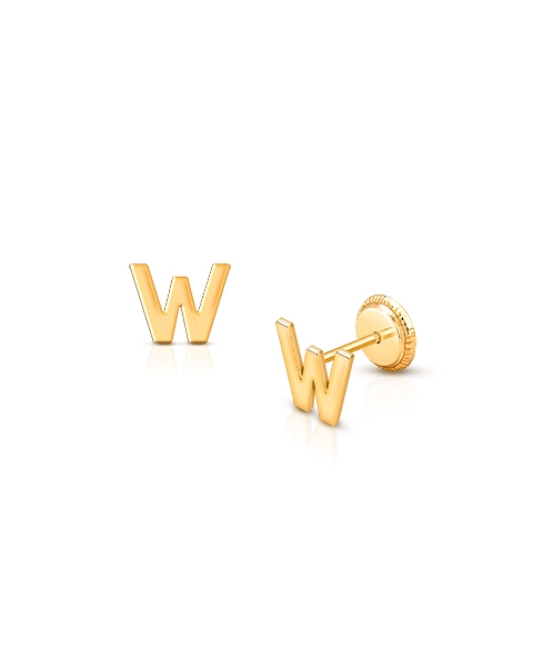 ‘W’ Initial Studs Personalized Baby/Children’s Earrings, Screw Back - 14K Gold