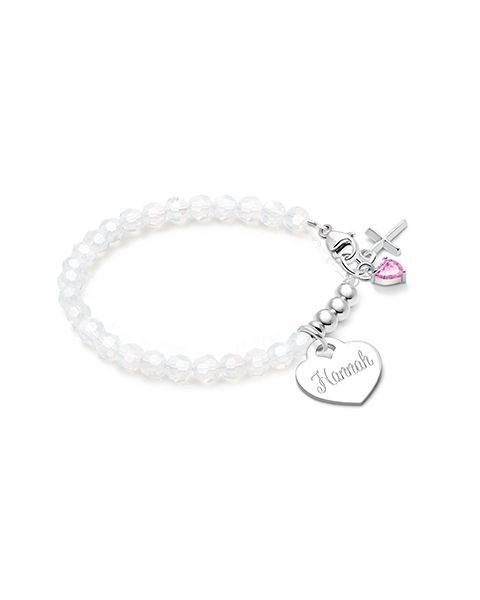 Tiny Blessings Signature Crystal White Opal Engraved Heart Bracelet for Girls Christening/Baptism