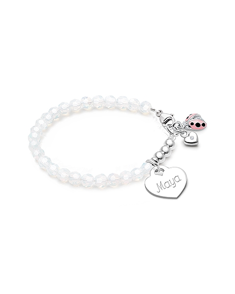 tB® Signature Crystal™ White Opal, Baby/Children’s Beaded Bracelet for Girls (INCLUDES Engraved Charm) - Sterling Silver