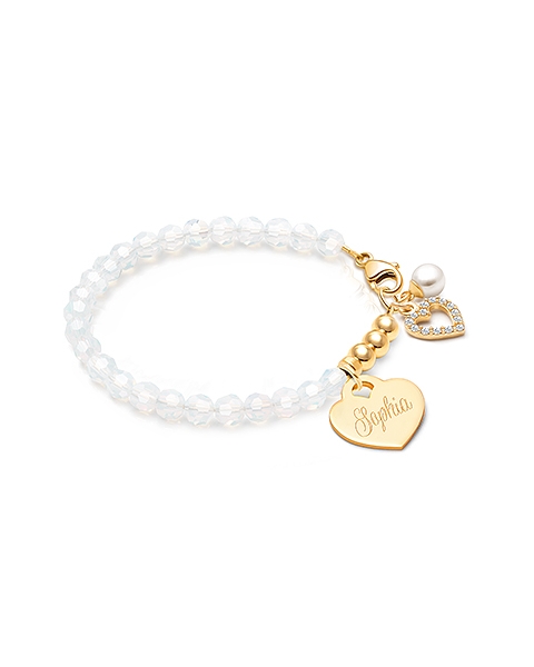 tB® Signature Crystal™ White Opal, Baby/Children’s Beaded Bracelet for Girls (INCLUDES Engraved Charm) - 14K Gold