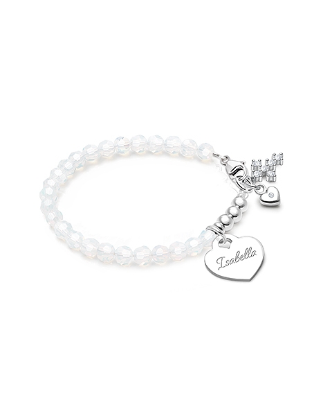 Tiny Blessings Signature Crystal White Opal Engraved Heart Bracelet for Girls Christening/Baptism