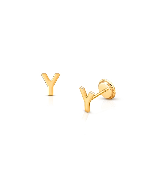 ‘Y’ Initial Studs Personalized Baby/Children’s Earrings, Screw Back - 14K Gold
