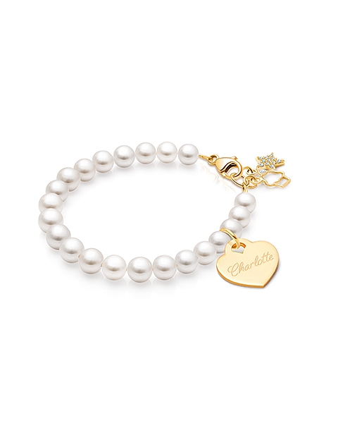 5mm Cultured Pearls, Baby/Children&#039;s Beaded Bracelet for Girls (INCLUDES Engraved Charm) - 14K Gold