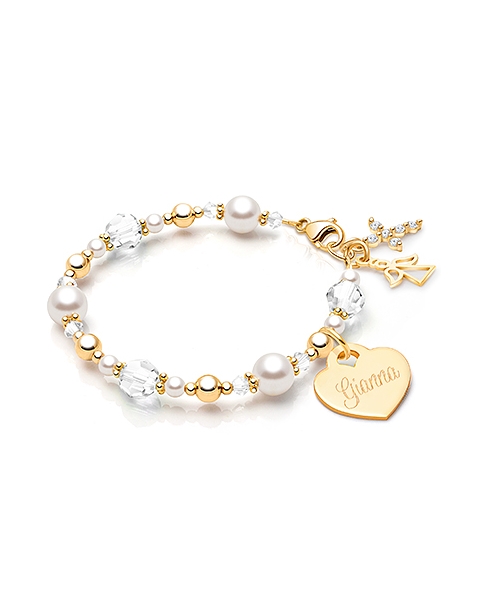 My Little Sunshine Birthstone, Christening/Baptism Baby/Children&#039;s Beaded Bracelet for Girls (Includes Engraved Charm, All 12 Birthstones Avail) - 14K Gold