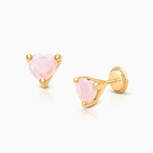 Gia™ Simple Heart Studs, 5mm Pink Opal CZ Teen's Earrings, Screw Back - 14K Gold