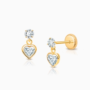 Fearless Heart Dangle, Clear CZ Baby/Children's Earrings, Screw Back - 14K Gold