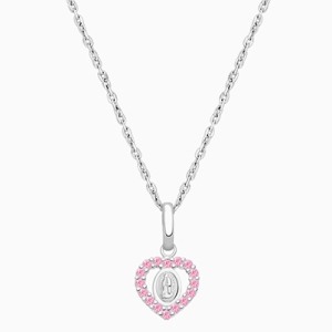 Virgin Mary, Pink CZ Heart Children&#039;s Necklace for Girls - 14K White Gold