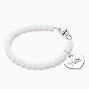 4mm Opals, Lab Created White Opal Baby/Children&#039;s Beaded Bracelet for Girls (INCLUDES Engraved Charm) - Sterling Silver