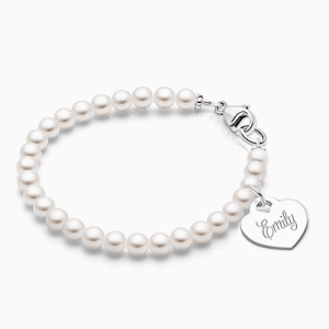 4mm Cultured Pearls, Baby/Children&#039;s Beaded Bracelet for Girls (INCLUDES Engraved Charm) - Sterling Silver