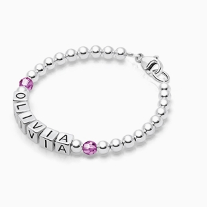 Tiny Blessings Birthstone, Baby/Children&#039;s Name Bracelet for Girls - Sterling Silver