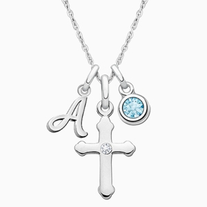 A Child&#039;s Faith, Children&#039;s Personalized Necklace Set for Girls (Includes Cross, Initial, and Birthstone Charms) - Sterling Silver