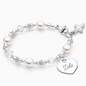 Diamonds and Pearls Bracelet with Religious Cross Charm and Personalized Engraved Heart