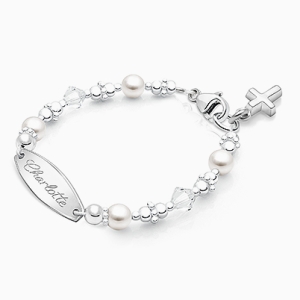 Diamonds and Pearls Bracelet with Religious Cross Charm and Personalized Engraved Name